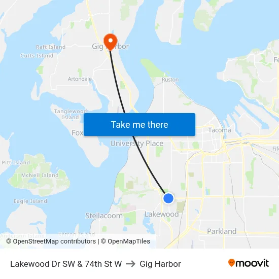 Lakewood Dr SW & 74th St W to Gig Harbor map