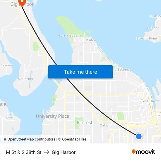 M St & S 38th St to Gig Harbor map