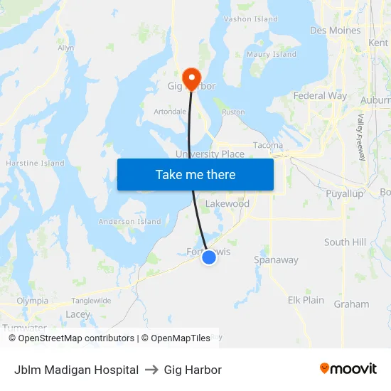 Jblm Madigan Hospital to Gig Harbor map