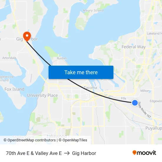 70th Ave E & Valley Ave E to Gig Harbor map