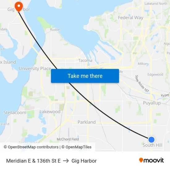 Meridian E & 136th St E to Gig Harbor map