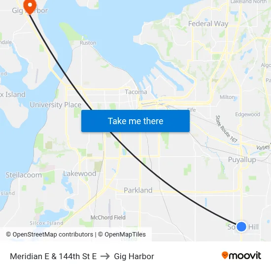 Meridian E & 144th St E to Gig Harbor map