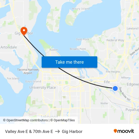 Valley Ave E & 70th Ave E to Gig Harbor map