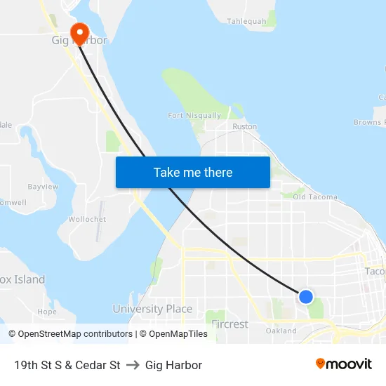 19th St S & Cedar St to Gig Harbor map