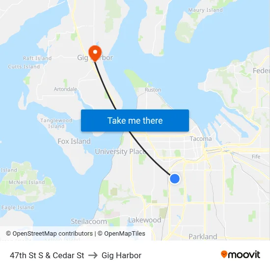 47th St S & Cedar St to Gig Harbor map