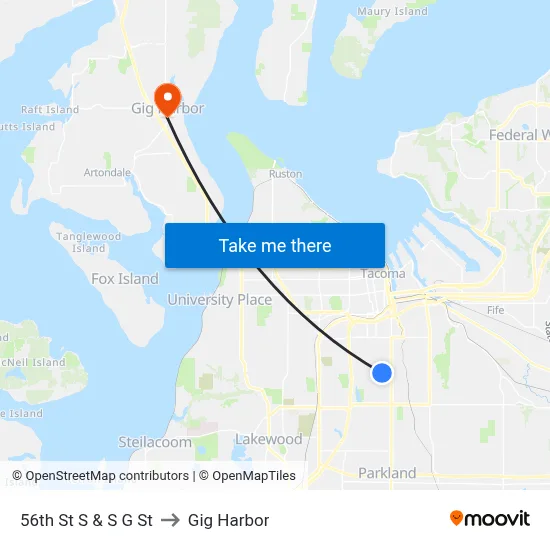 56th St S & S G St to Gig Harbor map