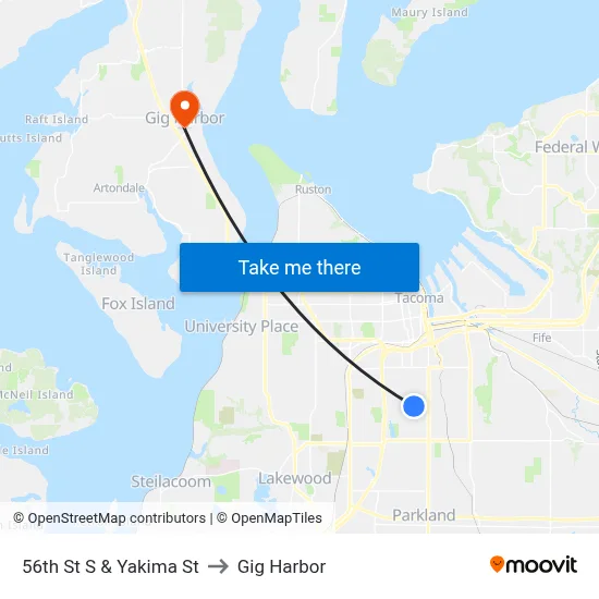 56th St S & Yakima St to Gig Harbor map