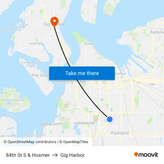 84th St S & Hosmer to Gig Harbor map