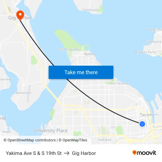 Yakima Ave S & S 19th St to Gig Harbor map