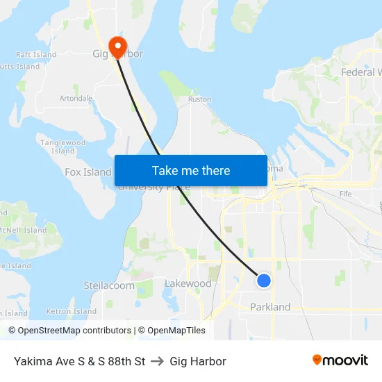 Yakima Ave S & S 88th St to Gig Harbor map