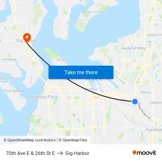 70th Ave E & 26th St E to Gig Harbor map