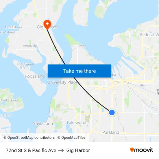 72nd St S & Pacific Ave to Gig Harbor map