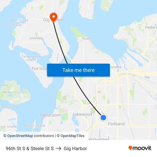 96th St S & Steele St S to Gig Harbor map