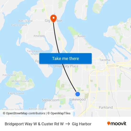 Bridgeport Way W & Custer Rd W to Gig Harbor map