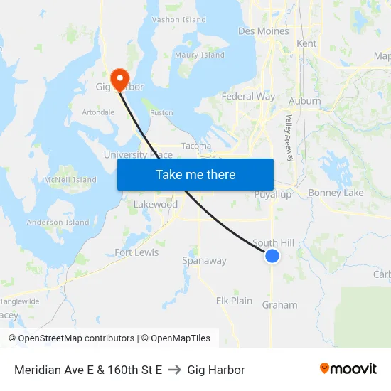 Meridian Ave E & 160th St E to Gig Harbor map