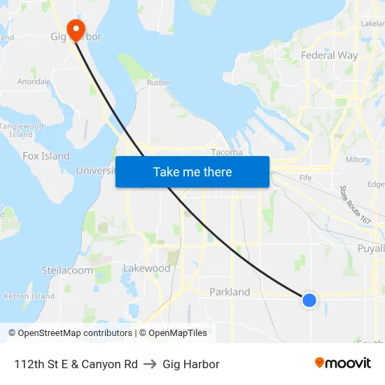 112th St E & Canyon Rd to Gig Harbor map