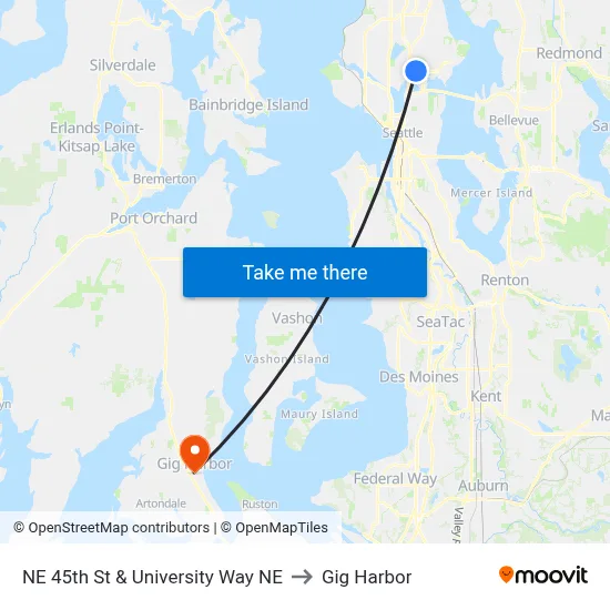 NE 45th St & University Way NE to Gig Harbor map