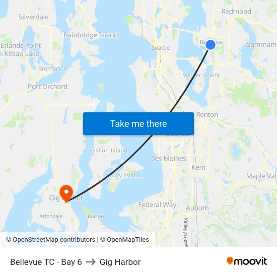 Bellevue TC - Bay 6 to Gig Harbor map
