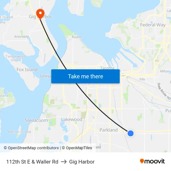 112th St E & Waller Rd to Gig Harbor map