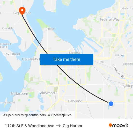 112th St E & Woodland Ave to Gig Harbor map