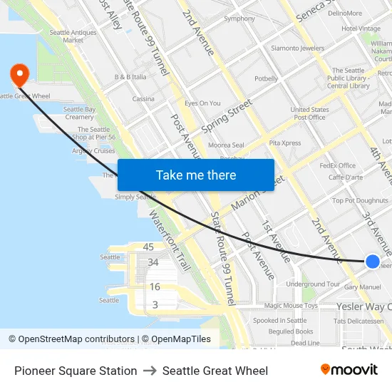 Pioneer Square Station to Seattle Great Wheel map