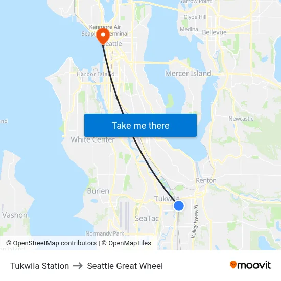 Tukwila Station to Seattle Great Wheel map