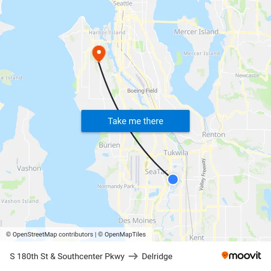 S 180th St & Southcenter Pkwy to Delridge map