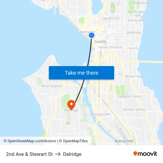 2nd Ave & Stewart St to Delridge map
