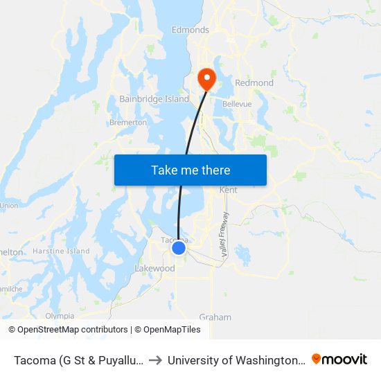 Tacoma (G St & Puyallup Ave) to University of Washington Tower map