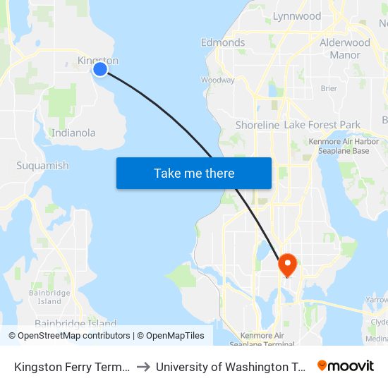 Kingston Ferry Terminal to University of Washington Tower map
