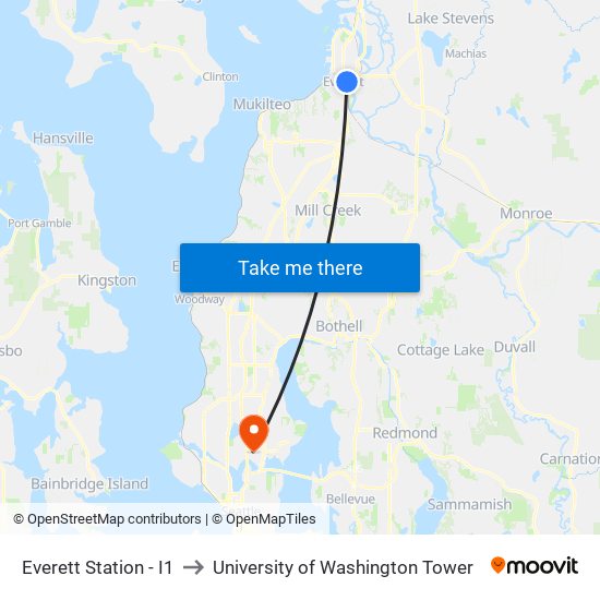 Everett Station - I1 to University of Washington Tower map