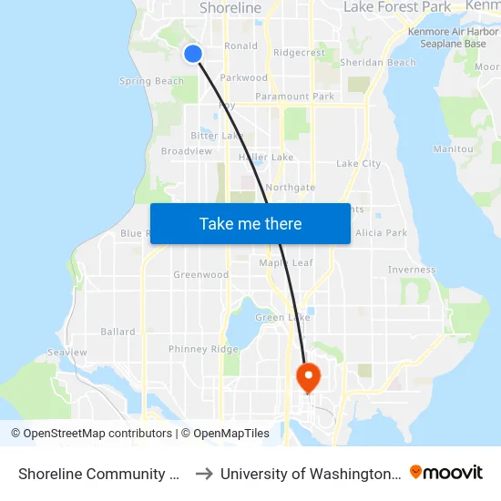 Shoreline Community College to University of Washington Tower map