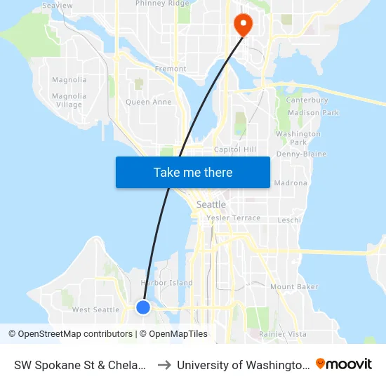 SW Spokane St & Chelan Ave SW to University of Washington Tower map
