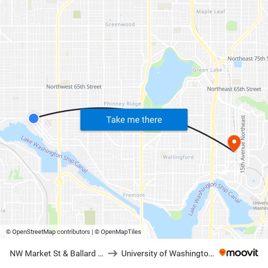 NW Market St & Ballard Ave NW to University of Washington Tower map