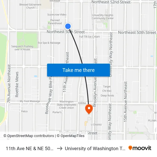 11th Ave NE & NE 50th St to University of Washington Tower map