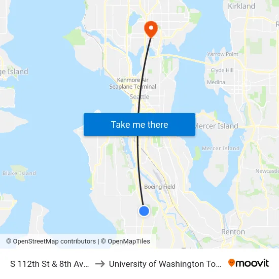 S 112th St & 8th Ave S to University of Washington Tower map