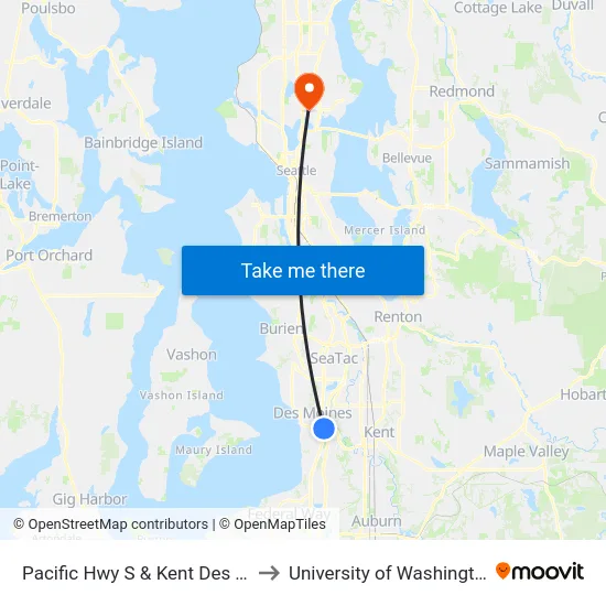 Pacific Hwy S & Kent Des Moines Rd to University of Washington Tower map