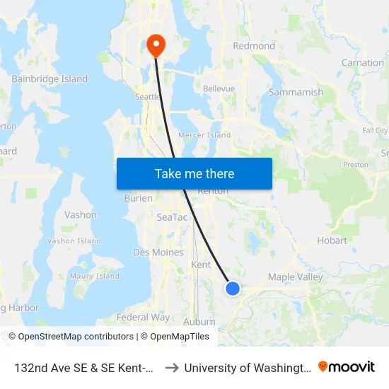 132nd Ave SE & SE Kent-Kangley Rd to University of Washington Tower map