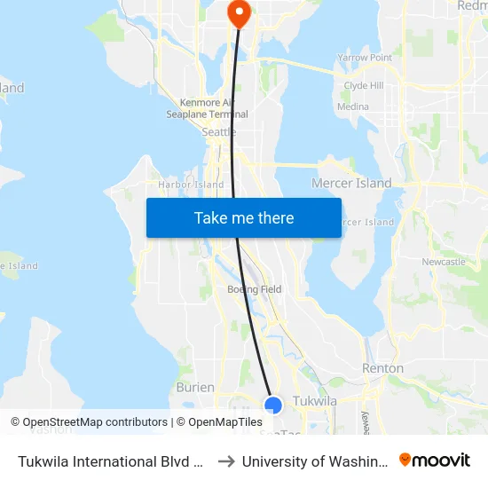 Tukwila International Blvd Station - Bay 1 to University of Washington Tower map