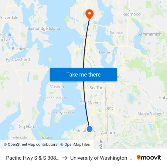 Pacific Hwy S & S 308th St to University of Washington Tower map
