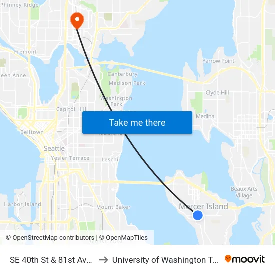 SE 40th St & 81st Ave SE to University of Washington Tower map