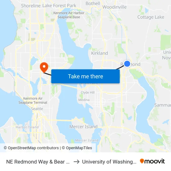 NE Redmond Way & Bear Creek Pkwy to University of Washington Tower map