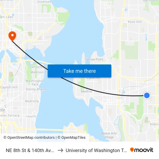 NE 8th St & 140th Ave NE to University of Washington Tower map