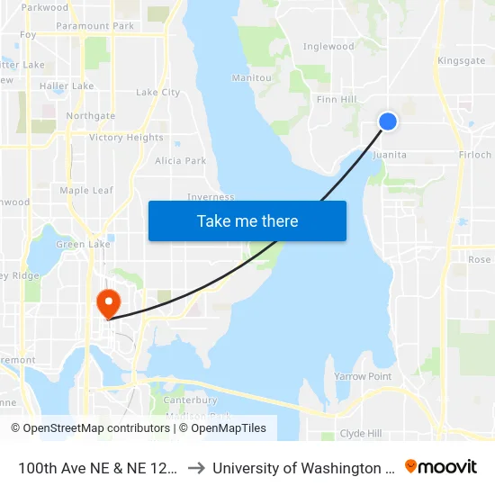 100th Ave NE & NE 124th St to University of Washington Tower map