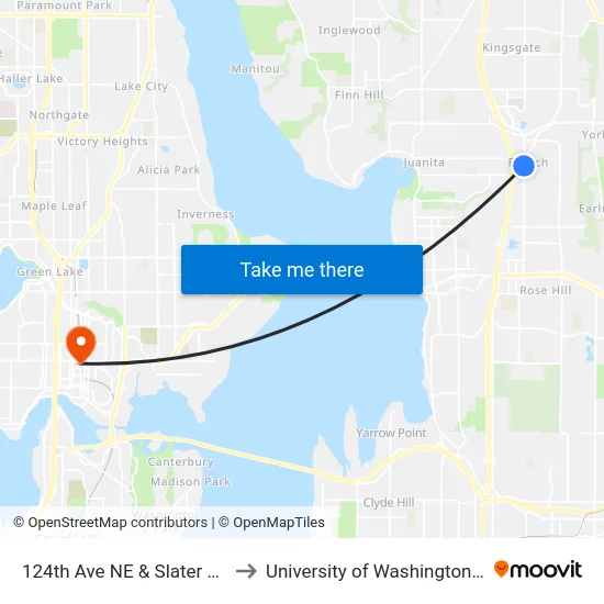 124th Ave NE & Slater Ave NE to University of Washington Tower map