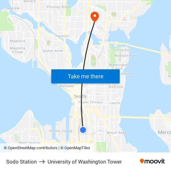 Sodo Station to University of Washington Tower map