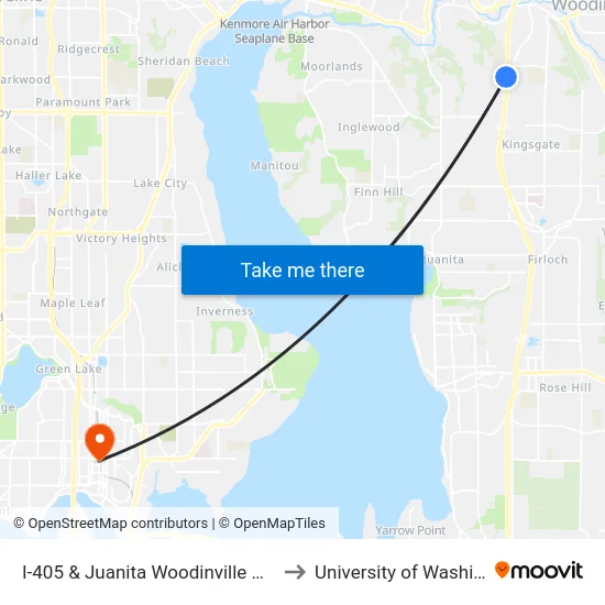 I-405 & Juanita Woodinville Way NE (Brickyard) to University of Washington Tower map