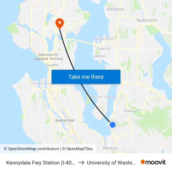 Kennydale Fwy Station (I-405 & NE 30th St) to University of Washington Tower map