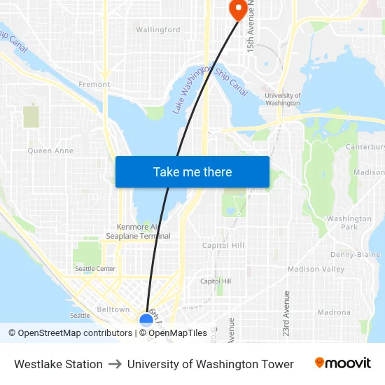 Westlake Station to University of Washington Tower map