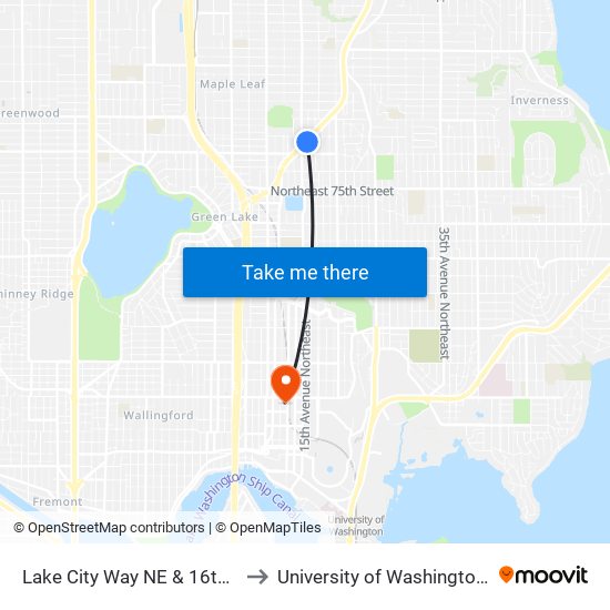 Lake City Way NE & 16th Ave NE to University of Washington Tower map